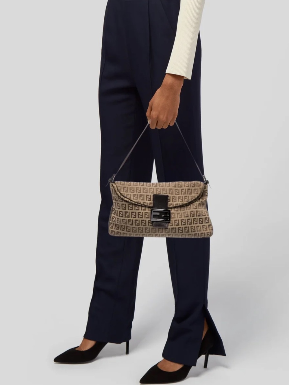 Vintage Fendi Zucchino FF Monogram Double Flap Baguette Shoulder Bag